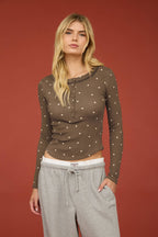 POLKA DOT LONG SLEEVE HENLEY KNIT TOP