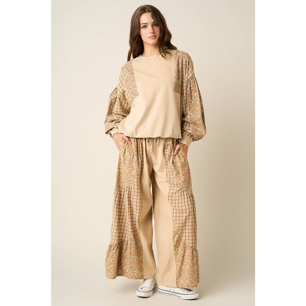 PATCHWORK MIXED PRINT WIDE LEG PANTS