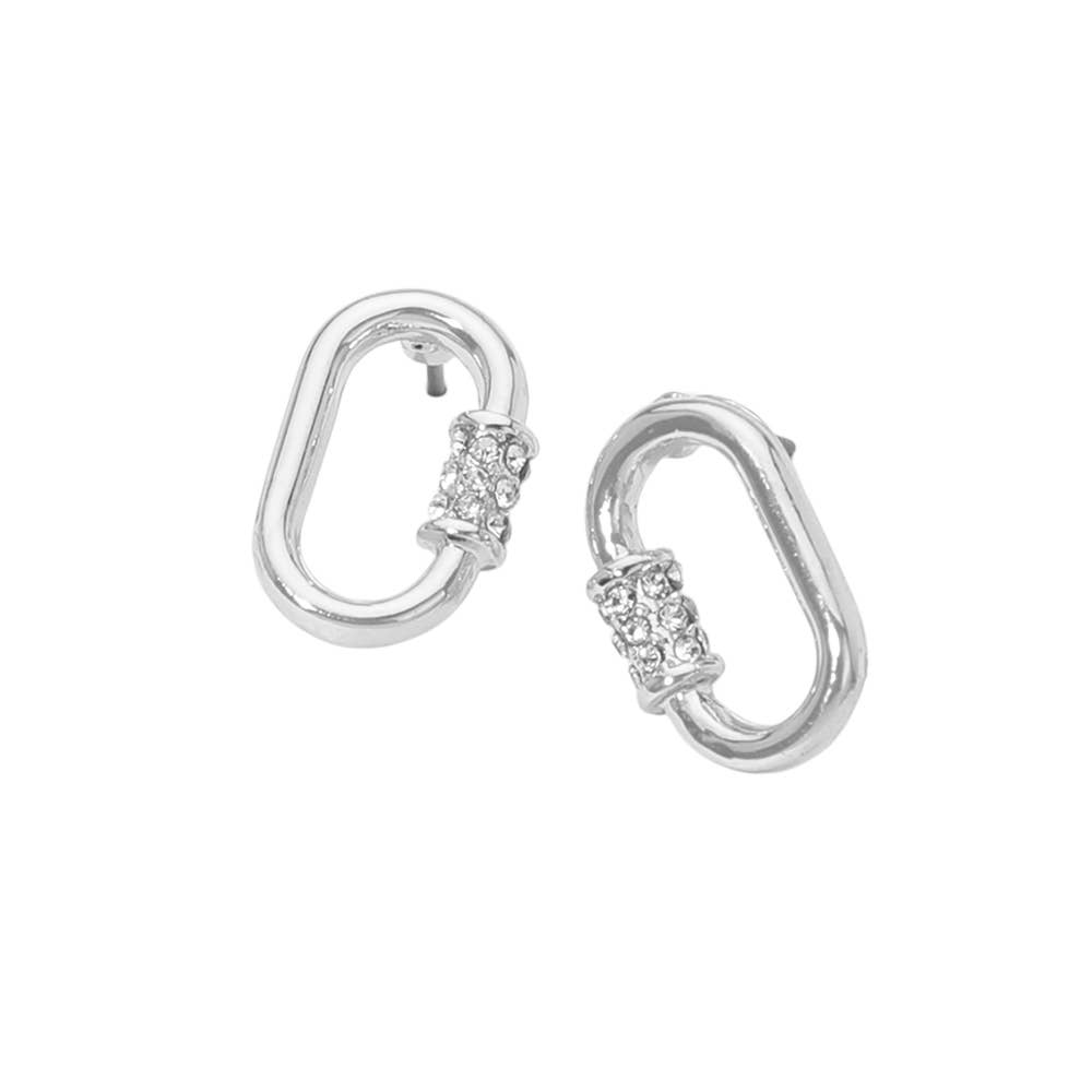 Rhinestone Pave Oval Carabiner Shape Stud Earrings