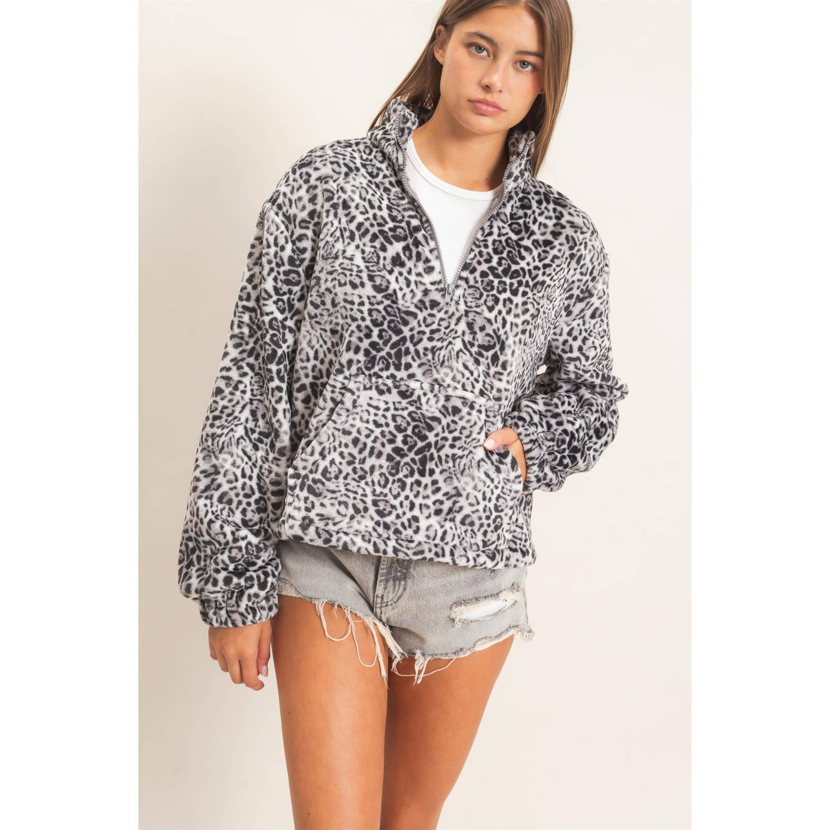Leopard Print Fleece Half Zip Pullover