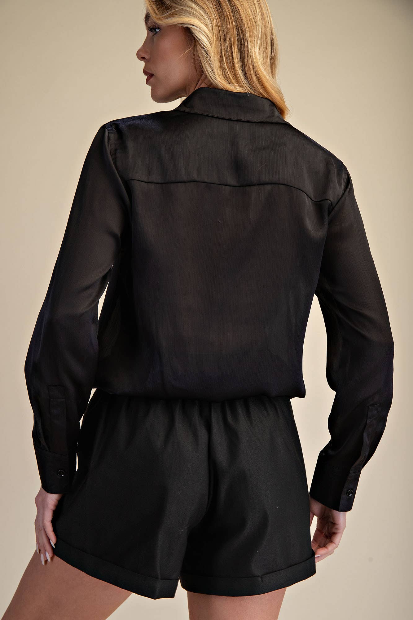 Collar Neck Long Sleeve Adjustable Drawstring Hem Shirt
