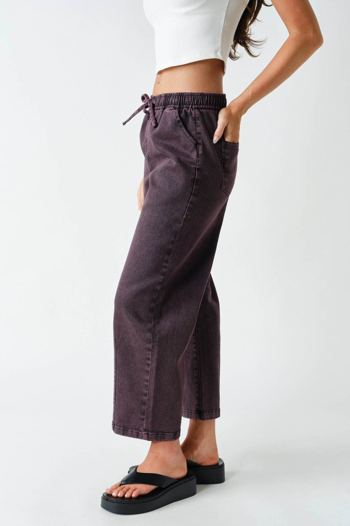 Denim Acid-Wash Drawstring Pull-On Pants