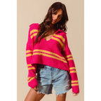 FUZZY HAIRY STRIPE DEEP U NECK SWEATER TOP