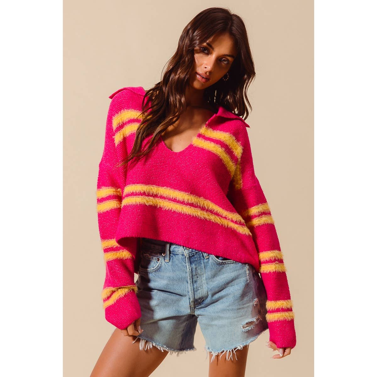 FUZZY HAIRY STRIPE DEEP U NECK SWEATER TOP