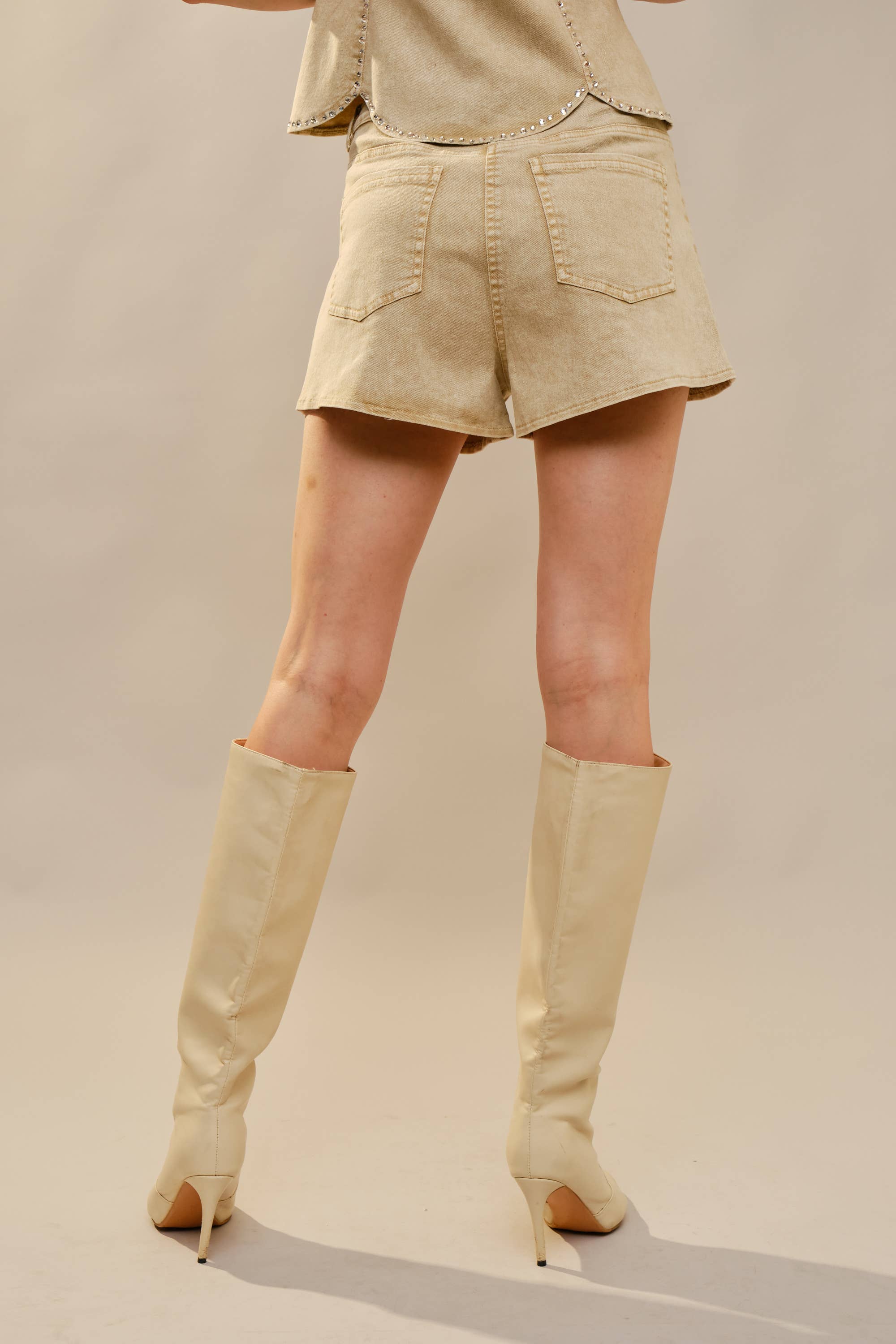 Carly Rhinestone Scallop Denim Shorts