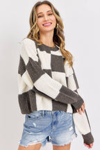 CASUAL SOFT COZY  RELAXED FIT CHECKER KNIT SWEATER