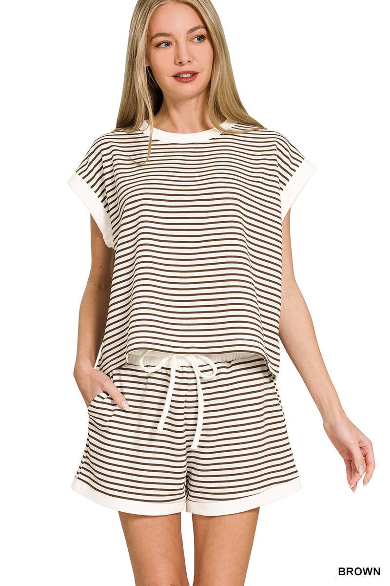 ...Stripe Contrast Trim Top & Shorts Set