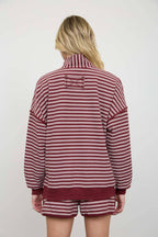 HALF ZIP STRIPE CONTRAST TRIM LONG SLEEVE KNIT TOP