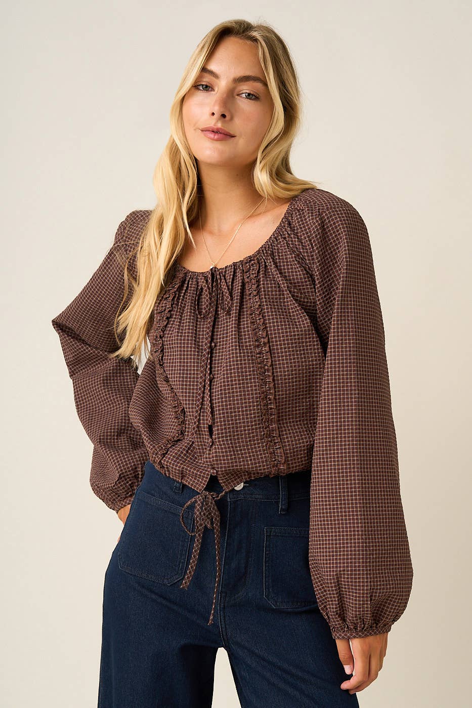 CHECKERED RUFFLE TRIM TIE FRONT LONG SLEEVE TOP