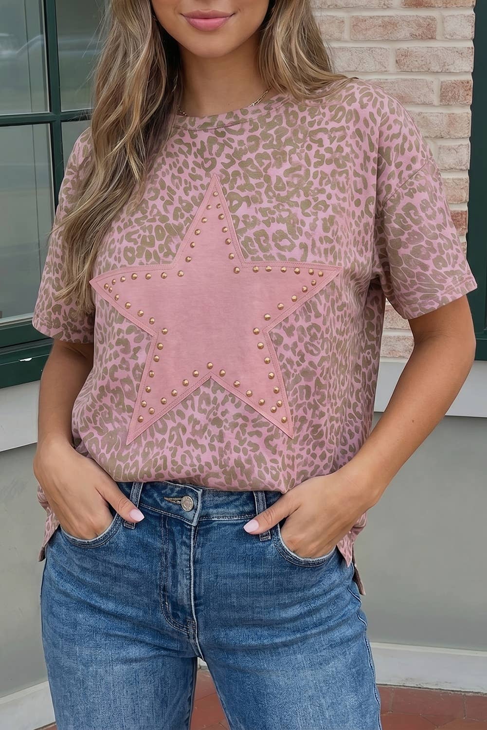 Leopard Retro Studded Star Patch Loose Tee
