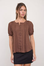 PINTUCK POLKA DOT BUTTON DOWN PUFF SLEEVE TOP