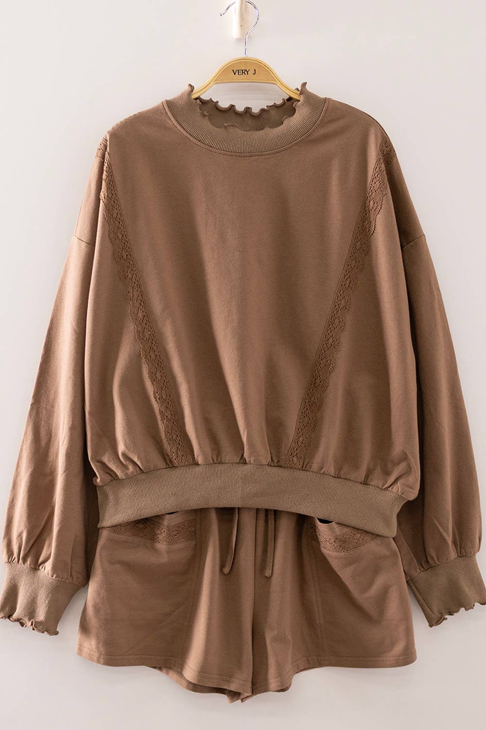 NT12725SET-Lace Trim Sweatshirt & Shorts Lounge Set