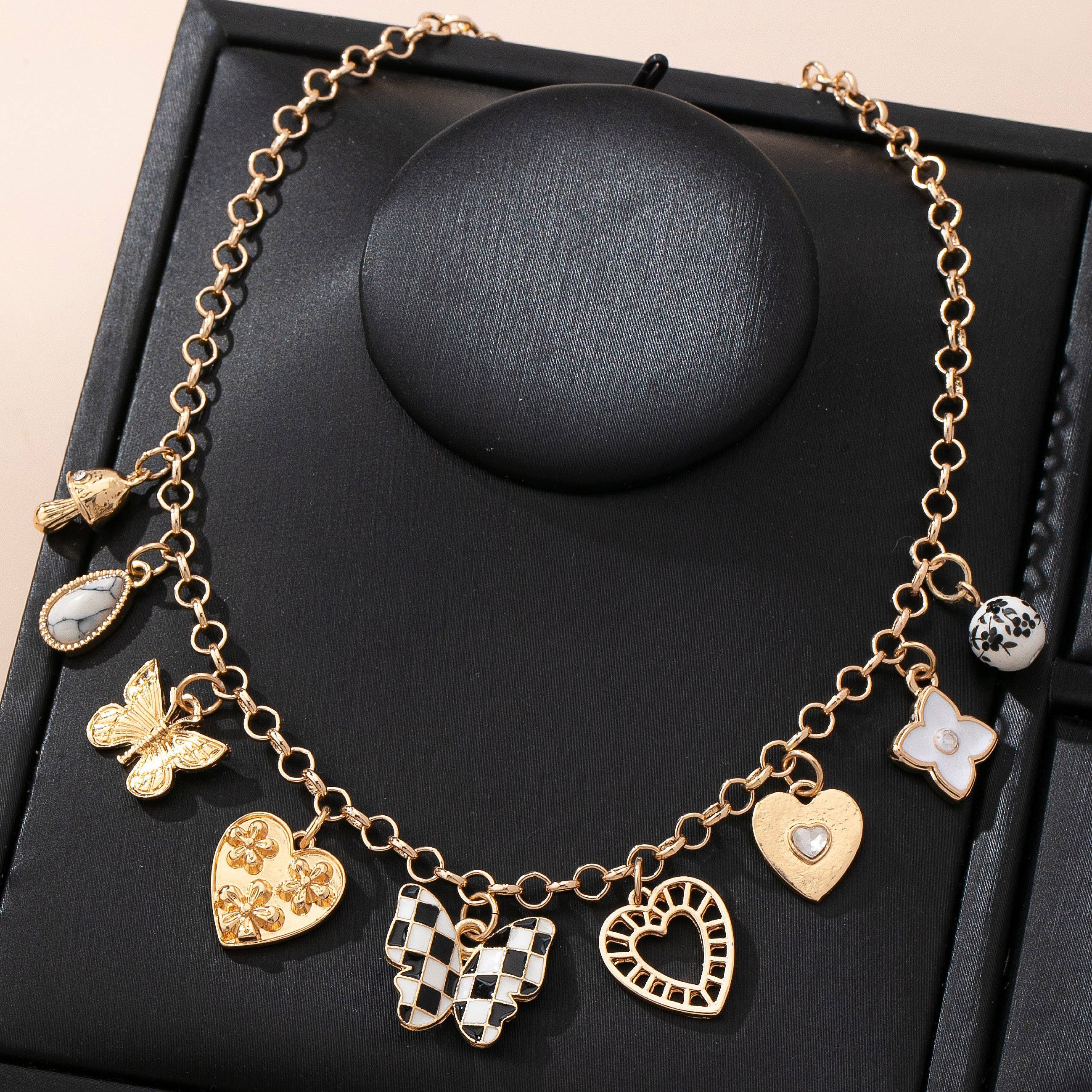 Charm Necklace-Hearts & Checker Butterflies | 80N92815