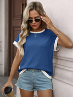 Contrast Trim Ribbed Short Sleeve Knit Top for Women