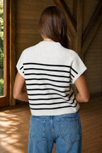 STRIPE MOCK NECK SHORT SLEEVE KNIT SWEATER