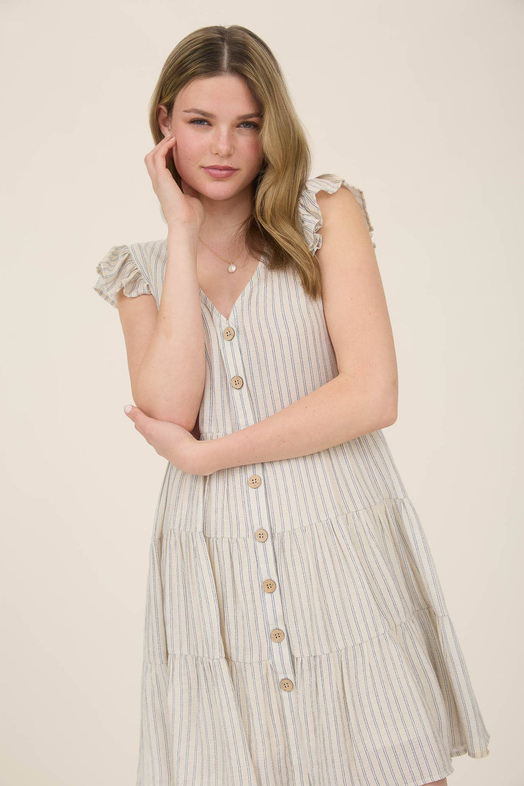 STRIPE V NECK BUTTON DOWN TIERED MINI DRESS