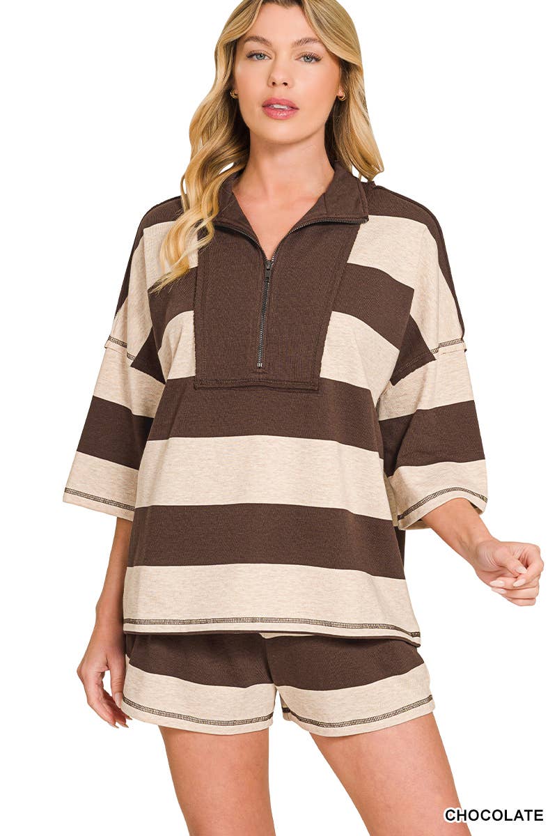 French Terry Striped Half Zip High Neck Top & Shorts Set Zenana