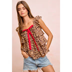 LEOPARD WOVEN FRONT BOW TIE RUFFLE SQUARE NECK TOP