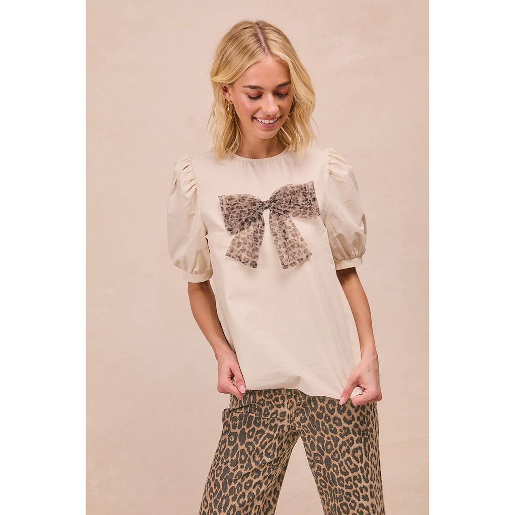 SOLID WOVEN LEOPARD MESH BOW PATCHED PUFF SLEEVES TOP-BACK K