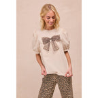 SOLID WOVEN LEOPARD MESH BOW PATCHED PUFF SLEEVES TOP-BACK K