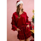 HOLIDAY VELVET RUFFLED SLEEVES V NECK TOP