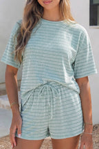 Raised Rib Loose Tee Drawstring Elastic Waist 2pcs Short Set