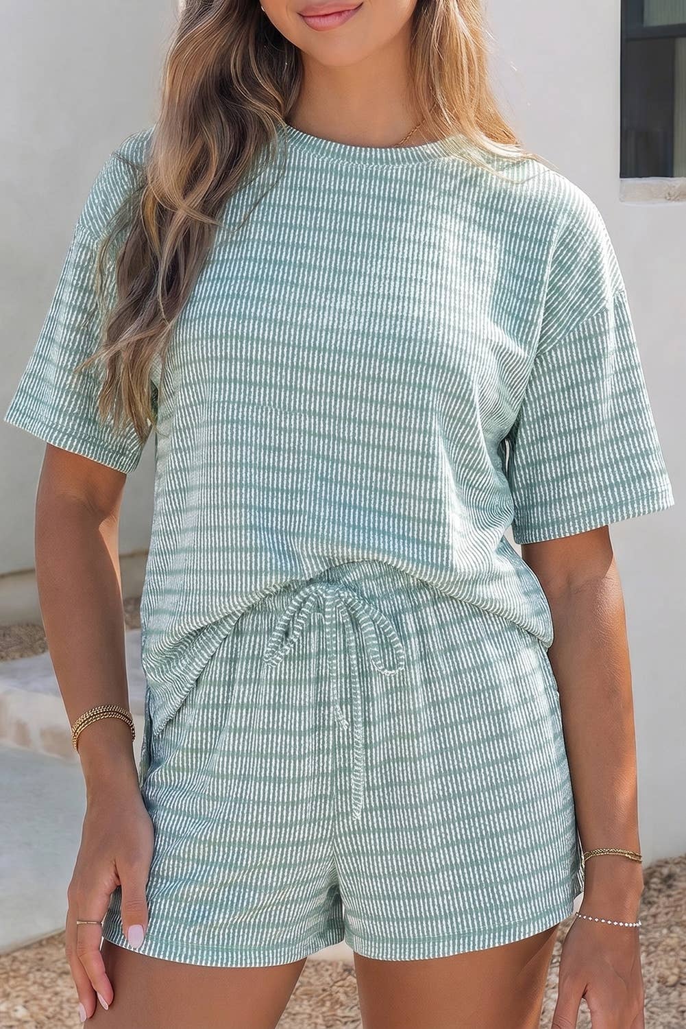 Raised Rib Loose Tee Drawstring Elastic Waist 2pcs Short Set