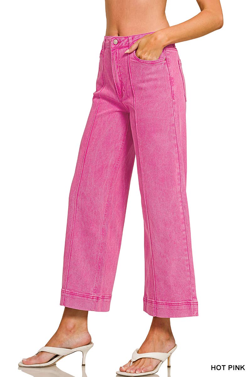 High Rise Wide Leg Pintuck Color Denim Pants