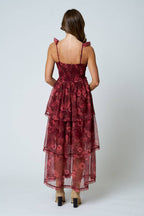 FLORAL CHIFFON RUFFLE TIERED CORSET MIDI DRESS