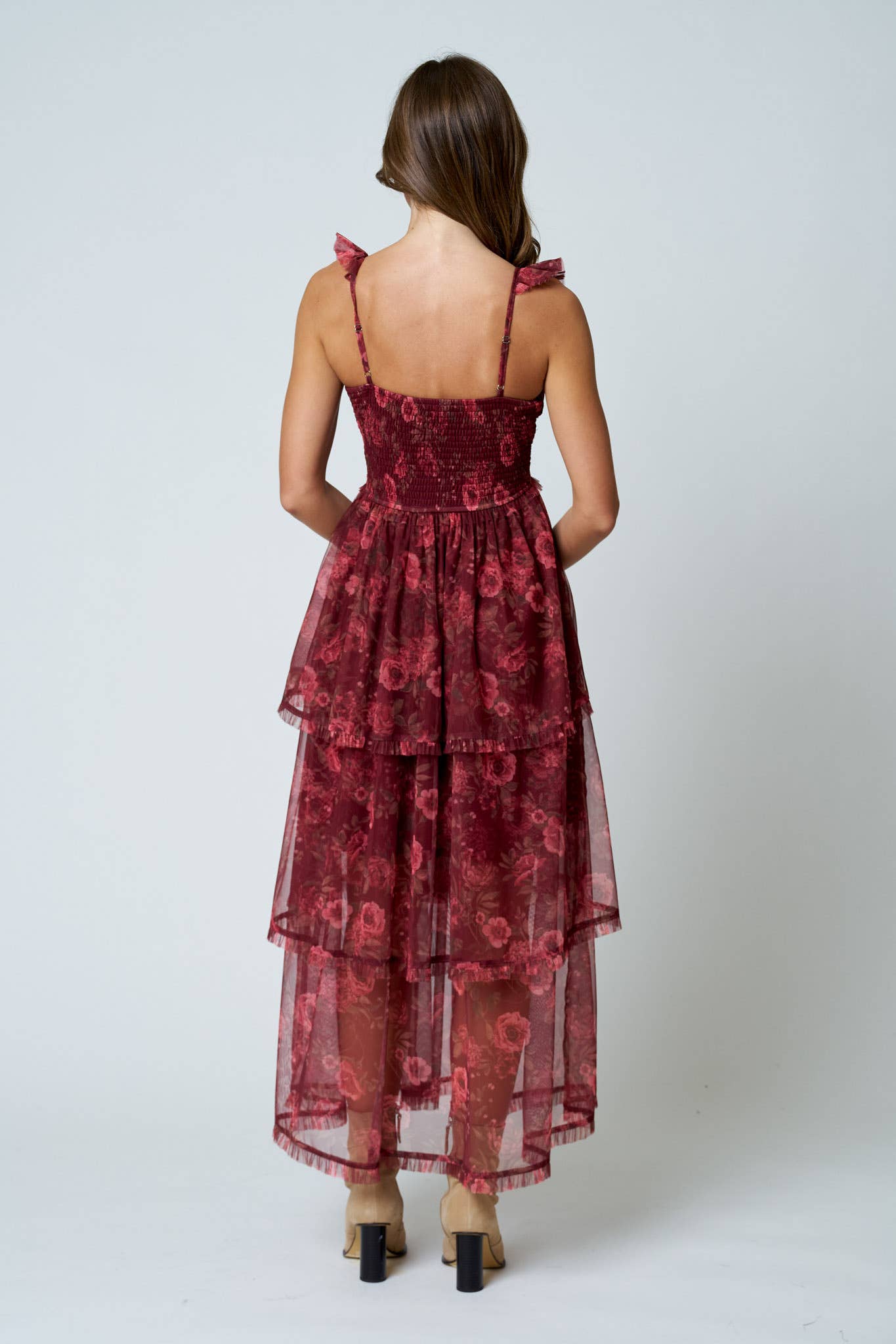 FLORAL CHIFFON RUFFLE TIERED CORSET MIDI DRESS