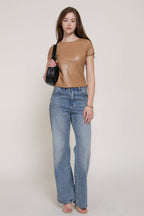 Short Sleeve Round Neck Stretch Faux Leather Top