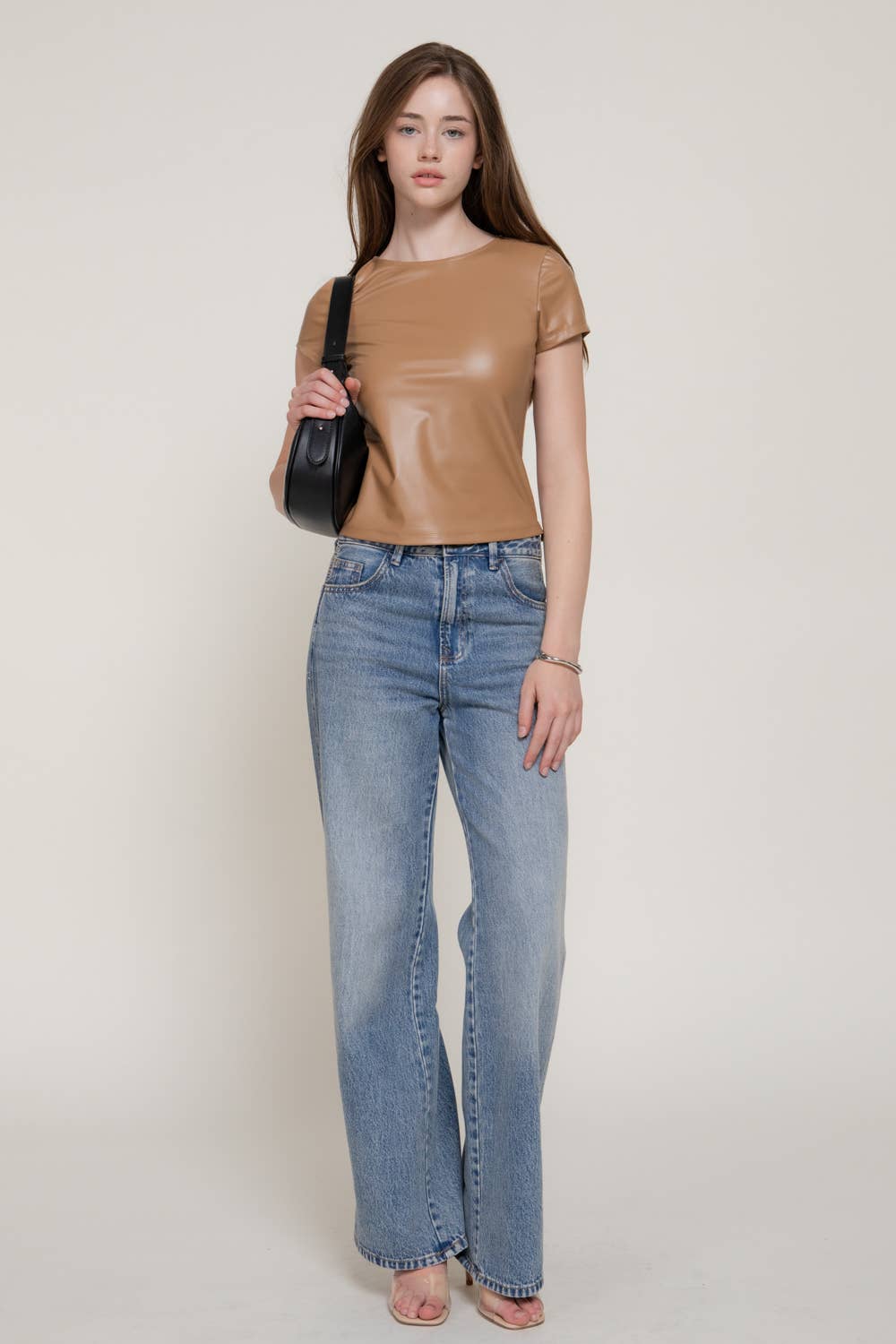 Short Sleeve Round Neck Stretch Faux Leather Top