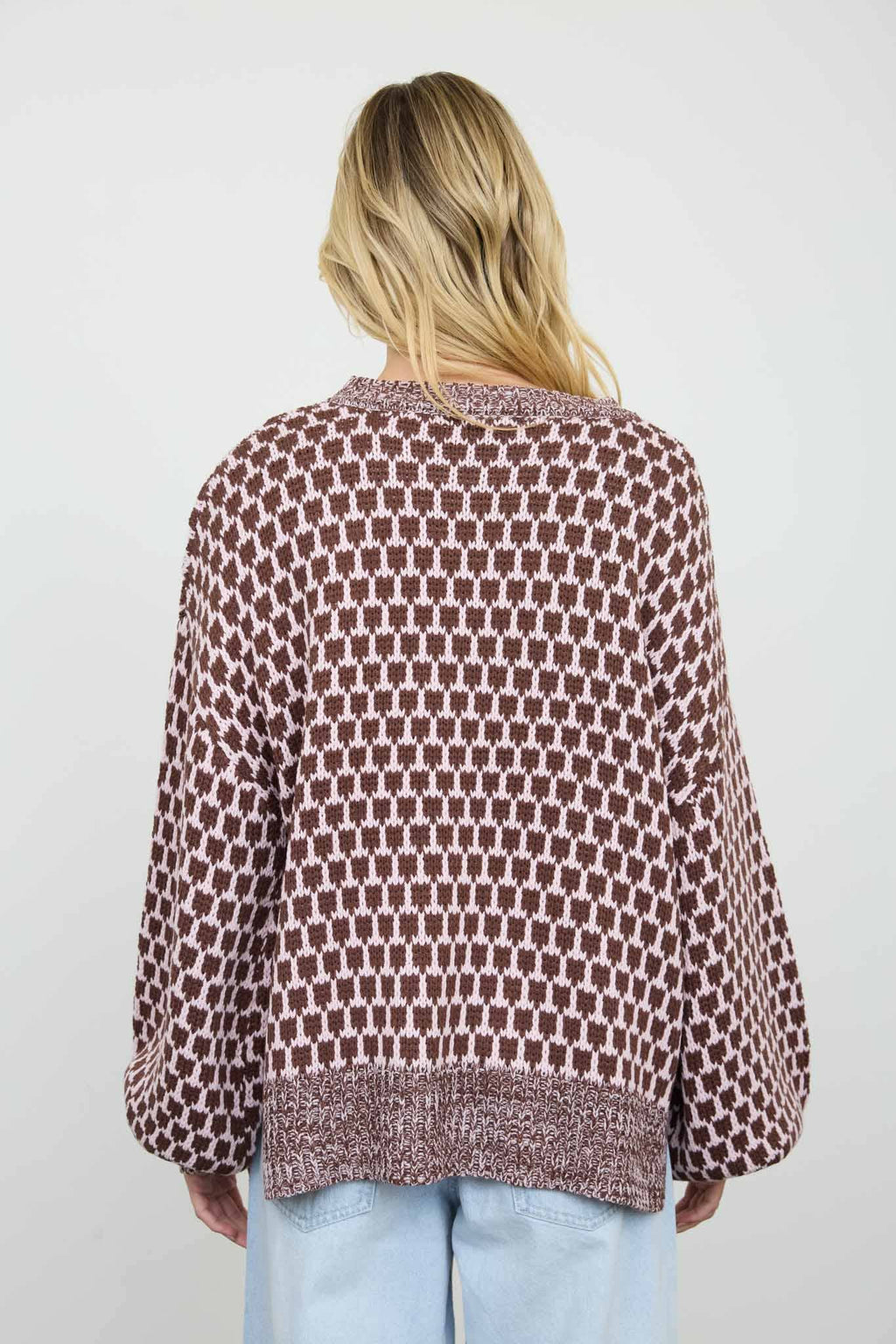 MARLED TRIM GEOMETRIC PATTERN RELAXED SWEATER