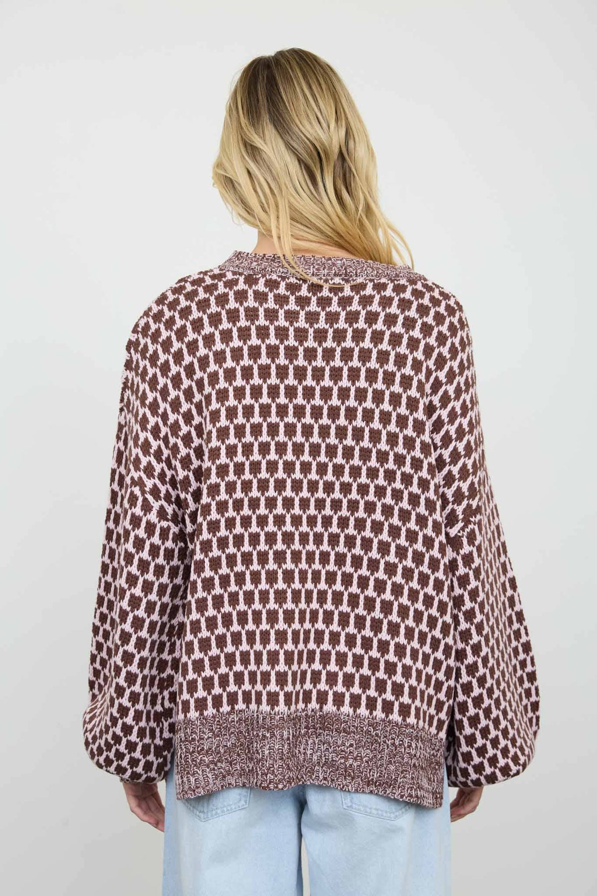 MARLED TRIM GEOMETRIC PATTERN RELAXED SWEATER