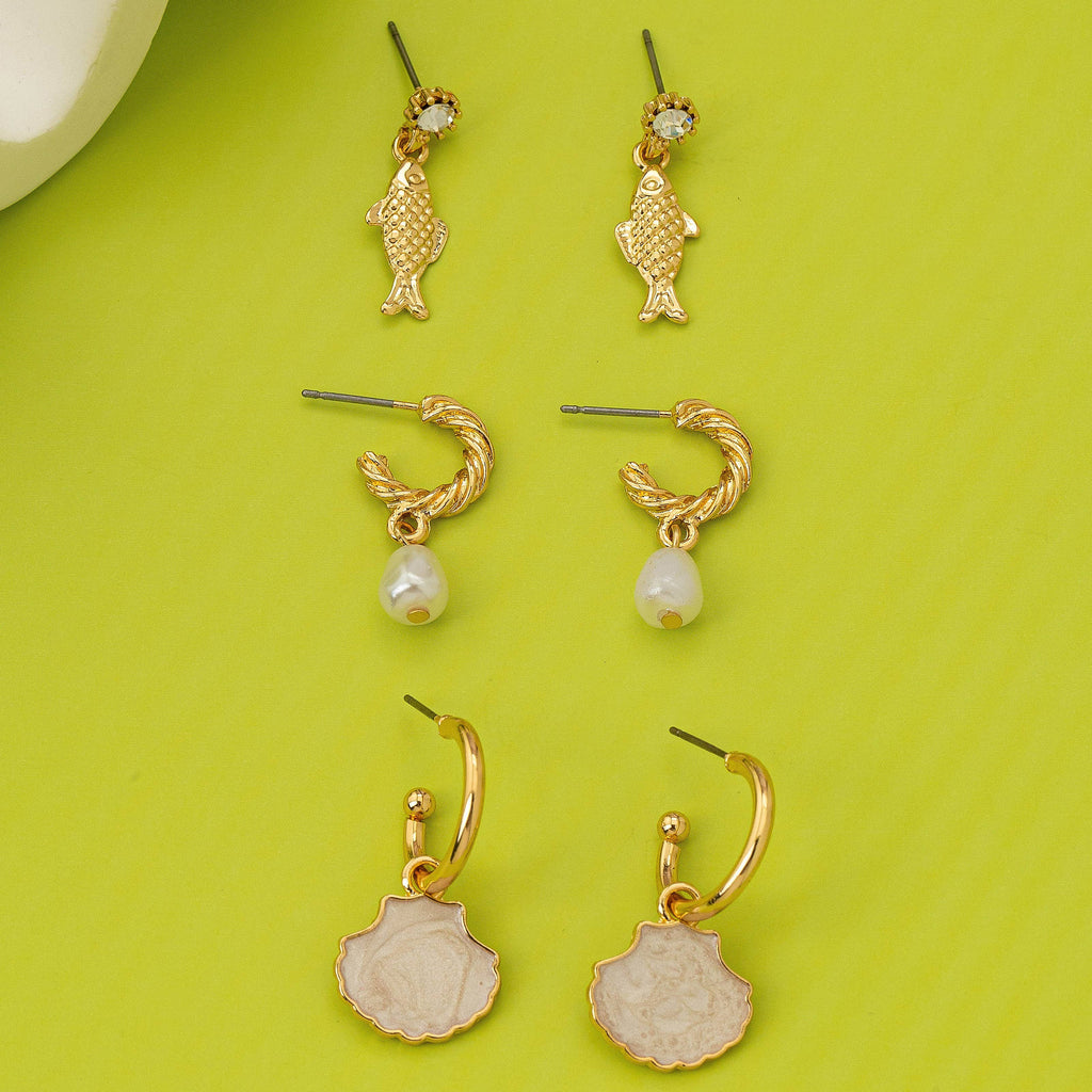 Fish Shell Pearl Marine Trio Earring Set | 80E62030
