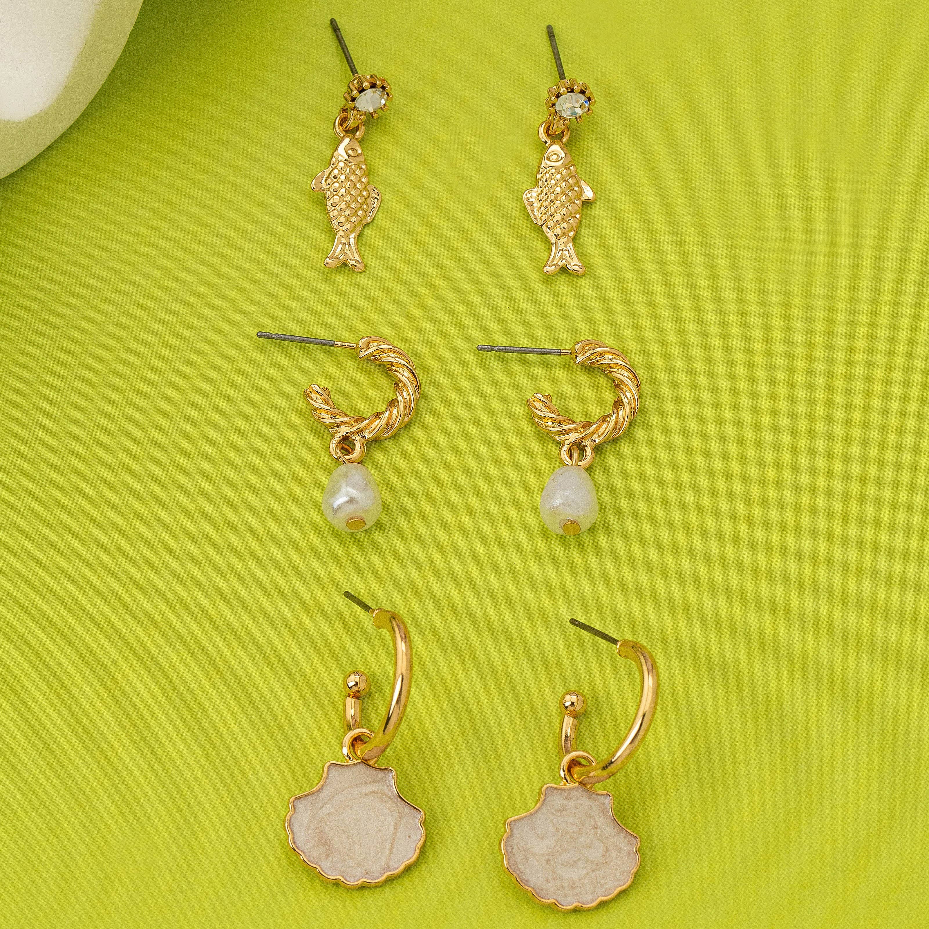 Fish Shell Pearl Marine Trio Earring Set | 80E62030
