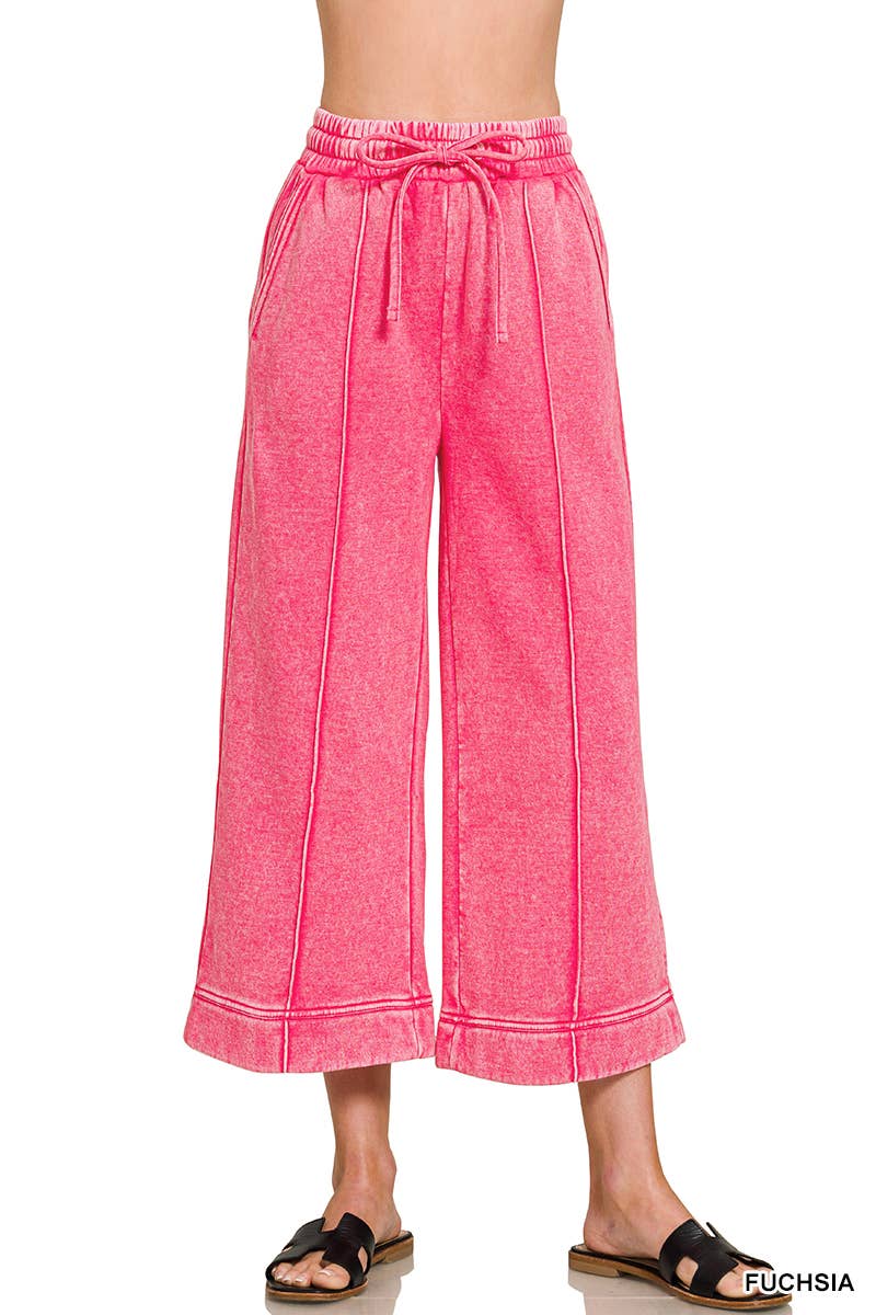 Acid Washed Fleece Pintuck Wide Leg Cropped Pants w/ Pockets