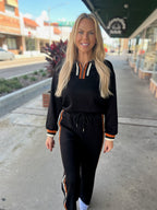 Striped Trim Zip Collared Pullover + Pants Set