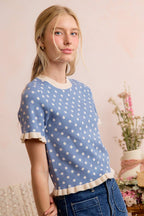POLKA DOT RUFFLED SHORT SLEEVES SWEATER KNIT TOP