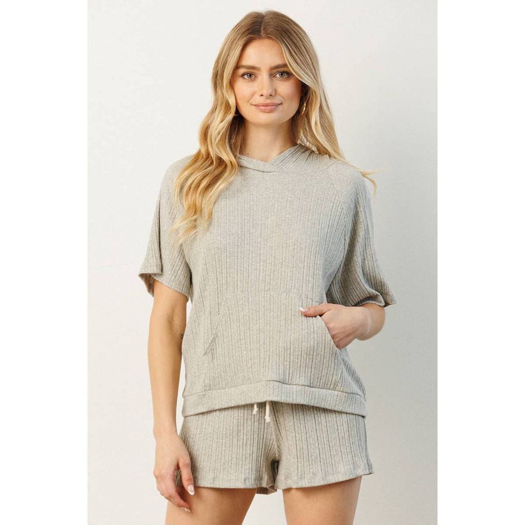 SET10016-RIB PULLOVER WITH SHORTS SET