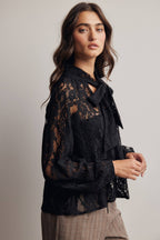 Sheer Lace Tie Neck Blouse FT0059