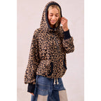 LEOPARD PRINT WAFFLE HALF ZIP UP HOODIE W POCKET