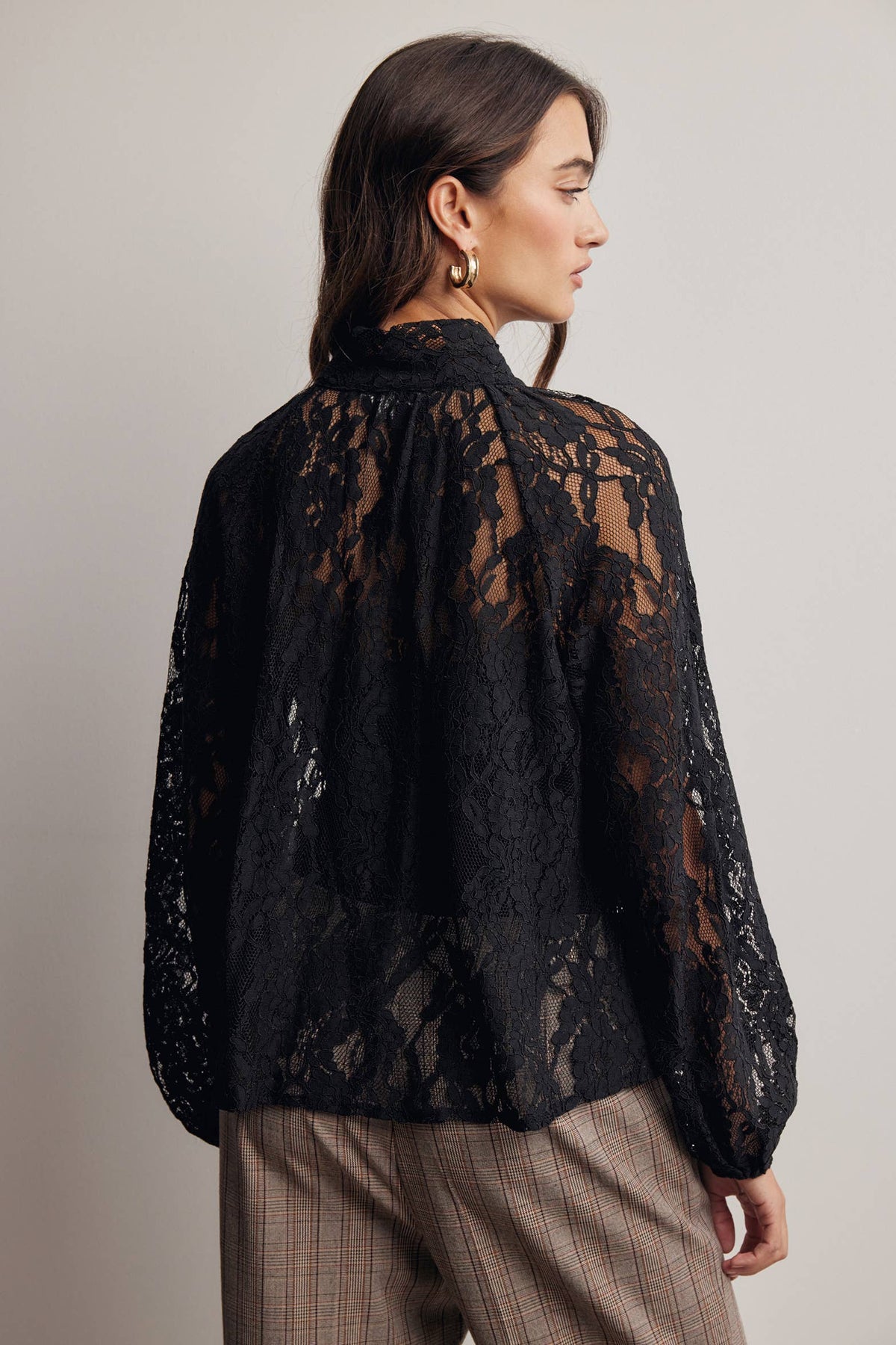 Sheer Lace Tie Neck Blouse FT0059