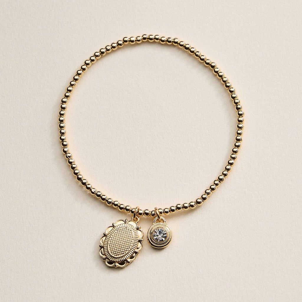Beaded Heart Charm Stretch Bracelet Set | 3-Piece Layered Stack with Gold Accents
