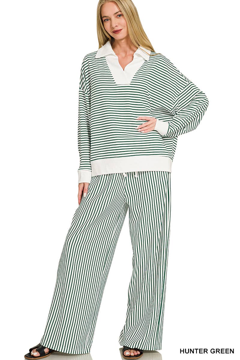 Striped Split Neck Oversized Collared Top & Pants 2PC Set