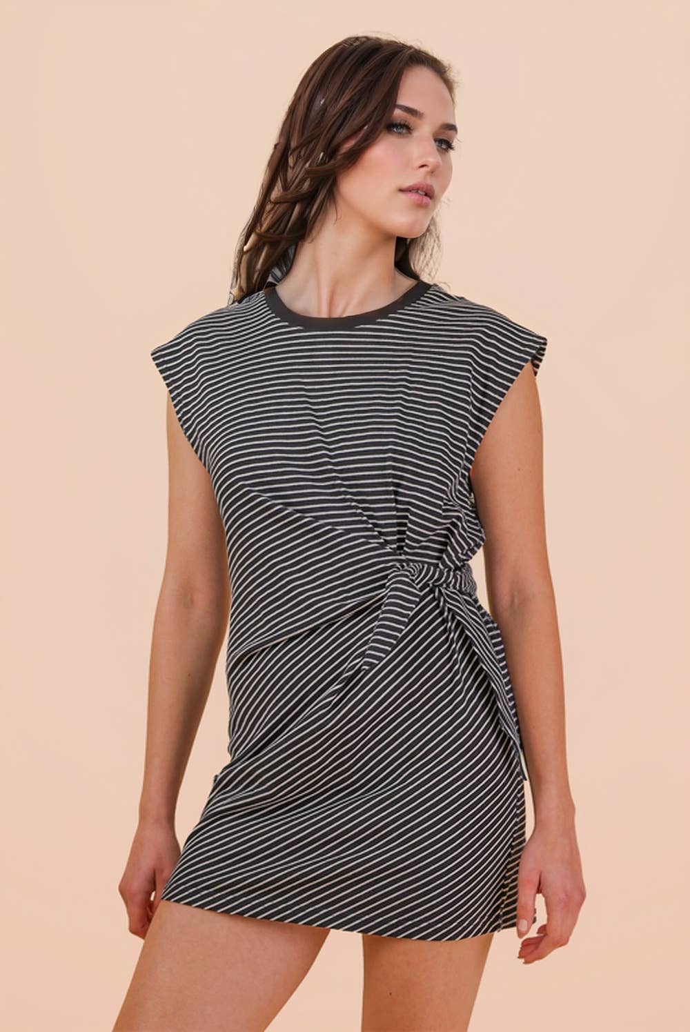 ND31733-Stripe Knit Sleeveless Mini Dress W/ Tie Detail