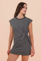 ND31733-Stripe Knit Sleeveless Mini Dress W/ Tie Detail