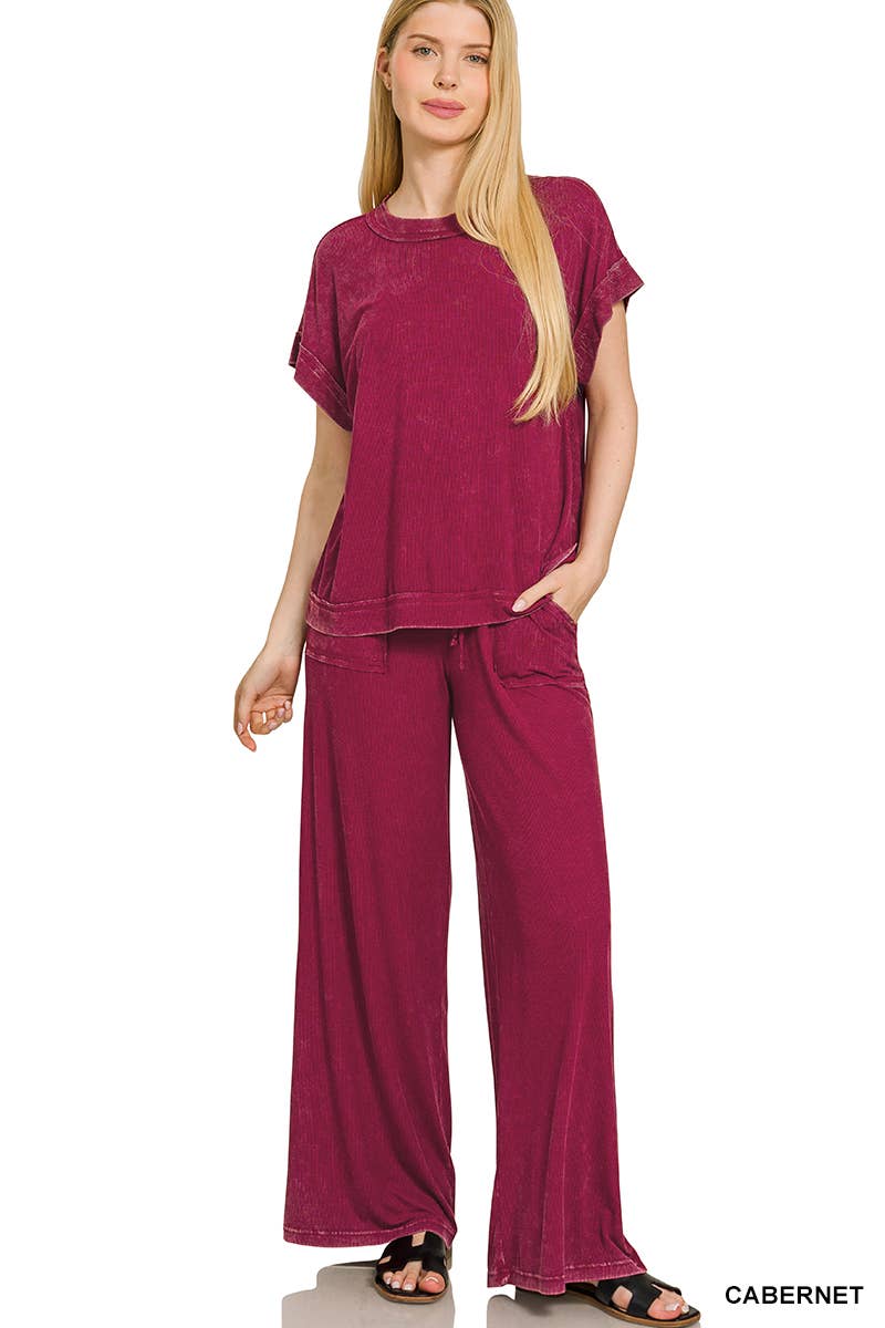 Ribbed Acid Wash Rayon Top & Pants
