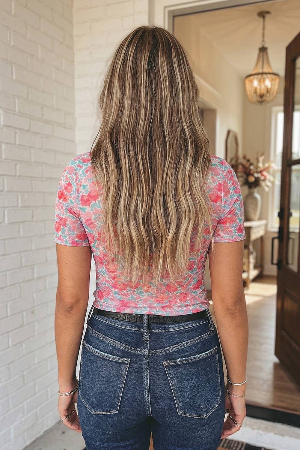 Retro Floral Printed Mesh Western Top