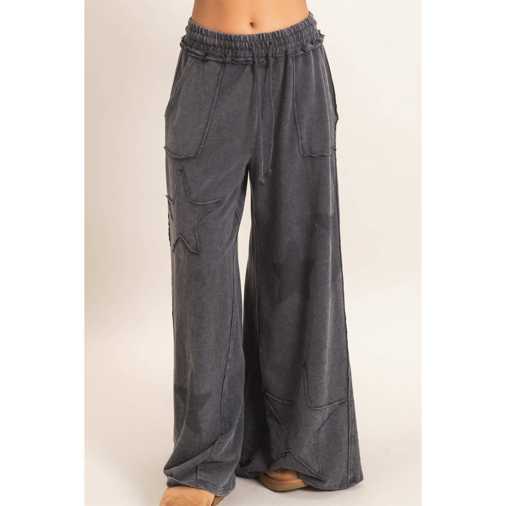 Mineral Wash Star Patch And Print Wide Leg Pants